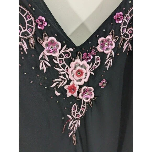 Y2K Floral Embroidered Handkerchief Hem Slip Dress Black Size 12 Bias Cut Fairy - Picture 3 of 9